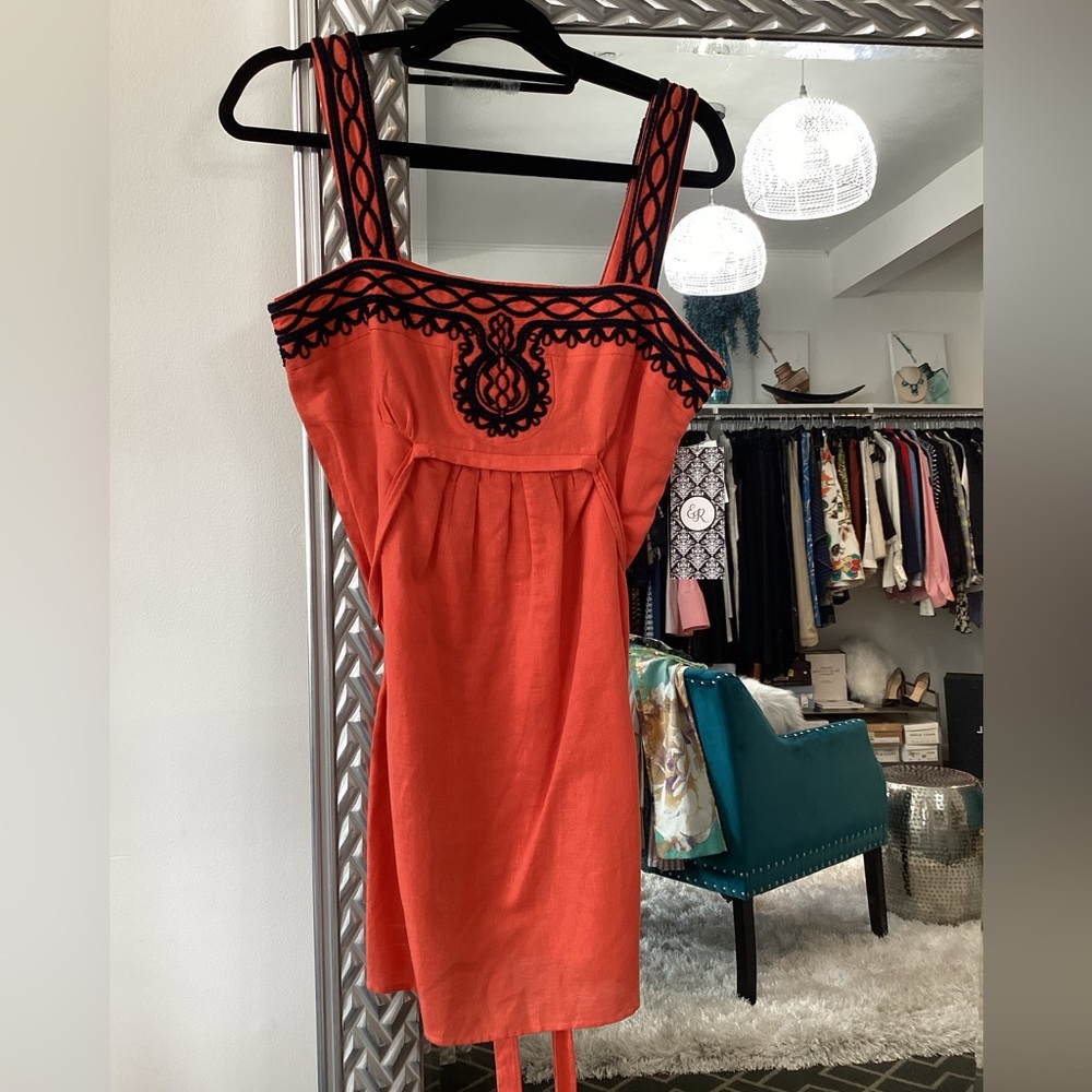 Milly Cabana Sz M orange dress with navy appliqué side button up back tie